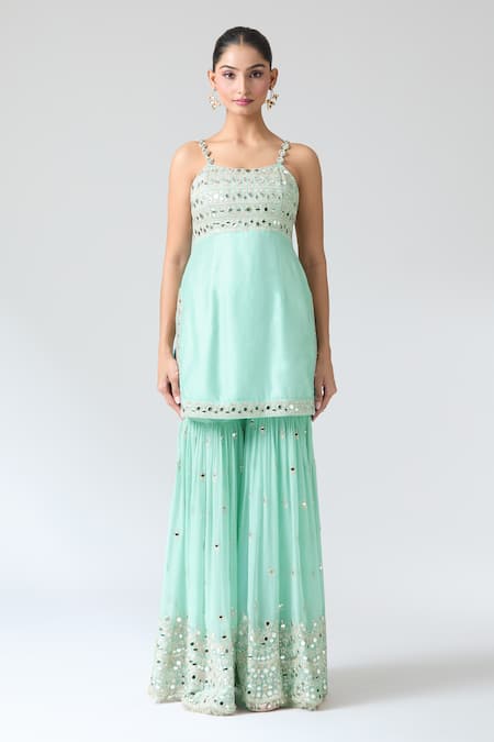 Buy Gopi Vaid Blue Tussar, Georgette, Net Mirrors Square Neck Embroidered Kurta Sharara Set Buy_Gopi Vaid_Blue Tussar, Georgette, Net Mirrors Square Neck Embroidered Kurta Sharara Set