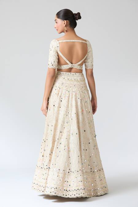 Shop Gopi Vaid Beige Tussar, Net Mirrors, Embroidery Plunge Neck Work Lehenga Set at Aza Fashions Shop_Gopi Vaid_Beige Tussar, Net Mirrors, Embroidery Plunge Neck Work Lehenga Set _at_Aza_Fashions