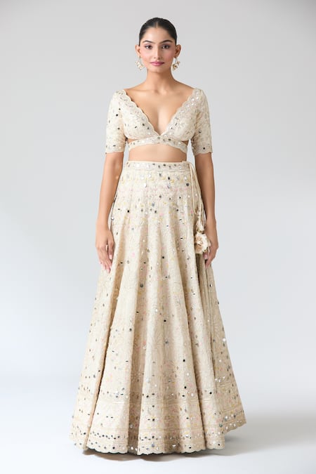 Gopi Vaid Beige Tussar, Net Mirrors, Embroidery Plunge Neck Work Lehenga Set Online at Aza Fashions Gopi Vaid_Beige Tussar, Net Mirrors, Embroidery Plunge Neck Work Lehenga Set _Online_at_Aza_Fashions