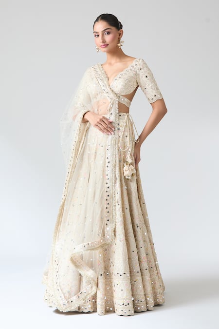 Buy Gopi Vaid Beige Tussar, Net Mirrors, Embroidery Plunge Neck Work Lehenga Set Online at Aza Fashions Buy_Gopi Vaid_Beige Tussar, Net Mirrors, Embroidery Plunge Neck Work Lehenga Set _Online_at_Aza_Fashions