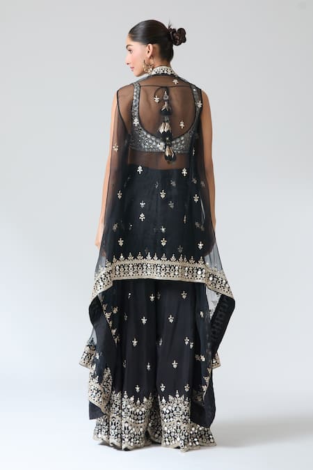 Gopi Vaid Black Mirror Work Cape Pant Set 