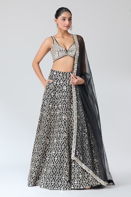 Gopi Vaid Black Mirror Work Lehenga Set 