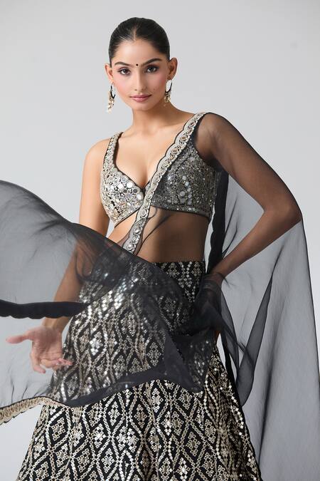 Buy_Gopi Vaid_Black Tussar, Organza, Kota Doria Mirrors, Embroidery Round Work Lehenga Set _Online_at_Aza_Fashions
