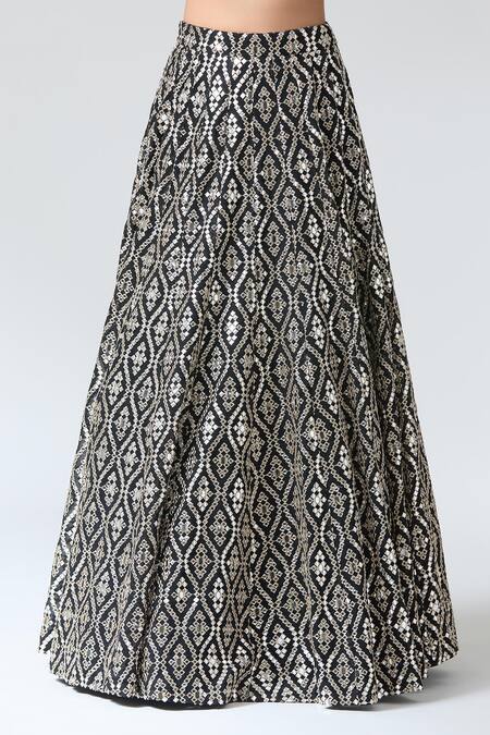 Gopi Vaid_Black Tussar, Organza, Kota Doria Mirrors, Embroidery Round Work Lehenga Set _at_Aza_Fashions