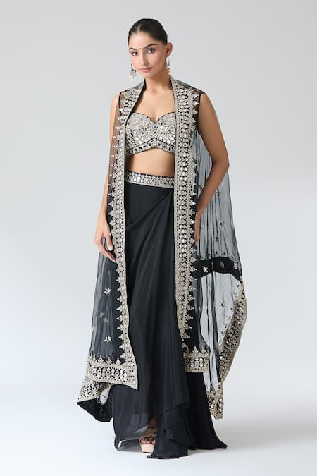 Gopi Vaid Mirror Embroidered Draped Skirt Set 