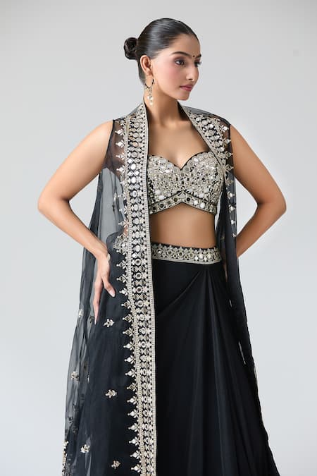 Gopi Vaid Black Tussar, Crepe Mirrors Sweetheart Neck Embroidered Draped Skirt Set Online at Aza Fashions Gopi Vaid_Black Tussar, Crepe Mirrors Sweetheart Neck Embroidered Draped Skirt Set _Online_at_Aza_Fashions