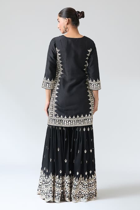 Shop_Gopi Vaid_Black Organza, Tussar Mirrors, Embroidery Round Neck Pariza Sharara Set _at_Aza_Fashions