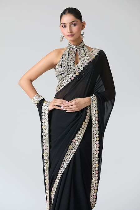 Shop Gopi Vaid Black Tussar, Chiffon Mirrors Halter Neck Embroidered Saree With Blouse Online at Aza Fashions Shop_Gopi Vaid_Black Tussar, Chiffon Mirrors Halter Neck Embroidered Saree With Blouse _Online_at_Aza_Fashions