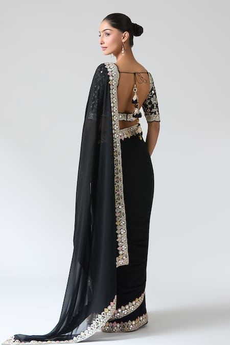Shop_Gopi Vaid_Black Tussar, Chiffon Sequins, Mirrors Scoop Neck Work Saree And Blouse Set _at_Aza_Fashions