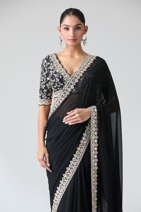 Gopi Vaid_Black Tussar, Chiffon Sequins, Mirrors Scoop Neck Work Saree And Blouse Set _Online_at_Aza_Fashions