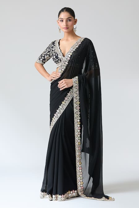 Buy_Gopi Vaid_Black Tussar, Chiffon Sequins, Mirrors Scoop Neck Work Saree And Blouse Set _Online_at_Aza_Fashions