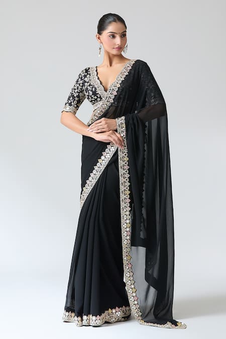 Shop_Gopi Vaid_Black Tussar, Chiffon Sequins, Mirrors Scoop Neck Work Saree And Blouse Set _Online_at_Aza_Fashions