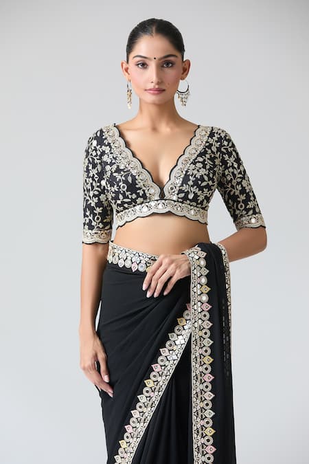 Gopi Vaid_Black Tussar, Chiffon Sequins, Mirrors Scoop Neck Work Saree And Blouse Set _at_Aza_Fashions