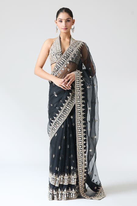Gopi Vaid Black Organza Mirror Embroidered Saree Set 