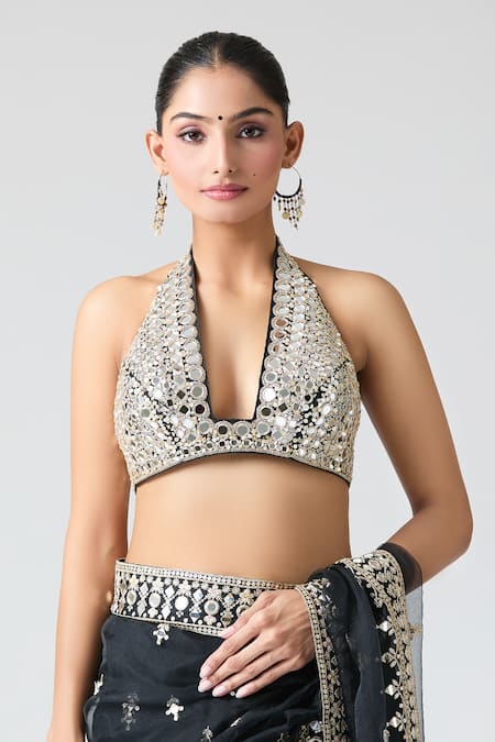 Gopi Vaid_Black Tussar, Organza Embroidery, Mirrors Plunge Neck Saree Set _Online_at_Aza_Fashions