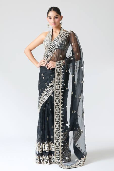 Buy_Gopi Vaid_Black Tussar, Organza Embroidery, Mirrors Plunge Neck Saree Set _Online_at_Aza_Fashions