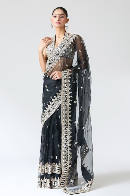 Shop_Gopi Vaid_Black Tussar, Organza Embroidery, Mirrors Plunge Neck Saree Set _Online_at_Aza_Fashions