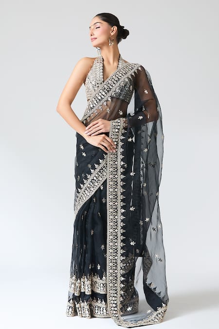 Gopi Vaid_Black Tussar, Organza Embroidery, Mirrors Plunge Neck Saree Set _at_Aza_Fashions