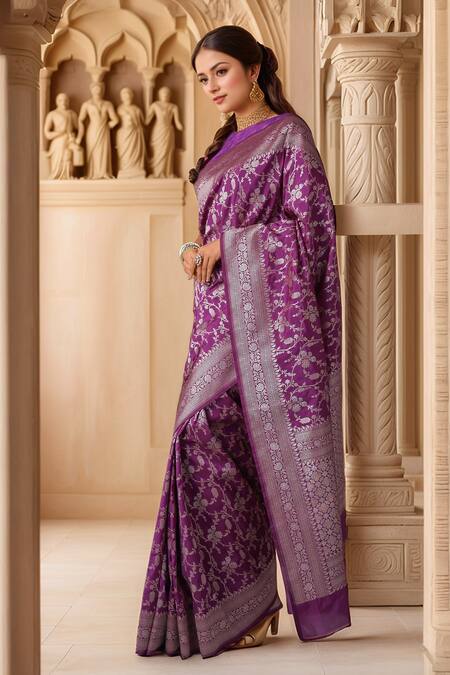 Shop_Samyukta Singhania_Purple Georgette Embroidery Woven Floral Vine Handloom Saree_Online_at_Aza_Fashions