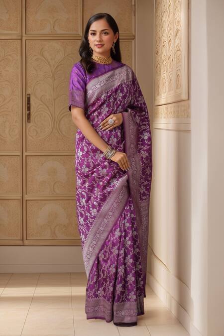 Samyukta Singhania_Purple Georgette Embroidery Woven Floral Vine Handloom Saree_at_Aza_Fashions