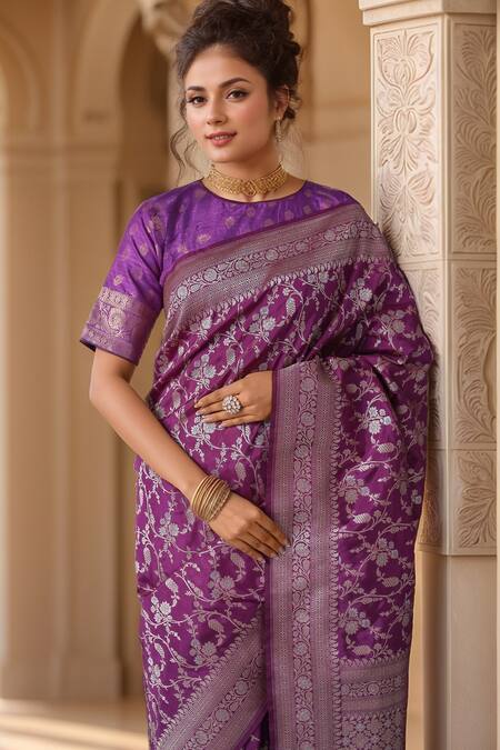 Buy_Samyukta Singhania_Purple Georgette Embroidery Woven Floral Vine Handloom Saree