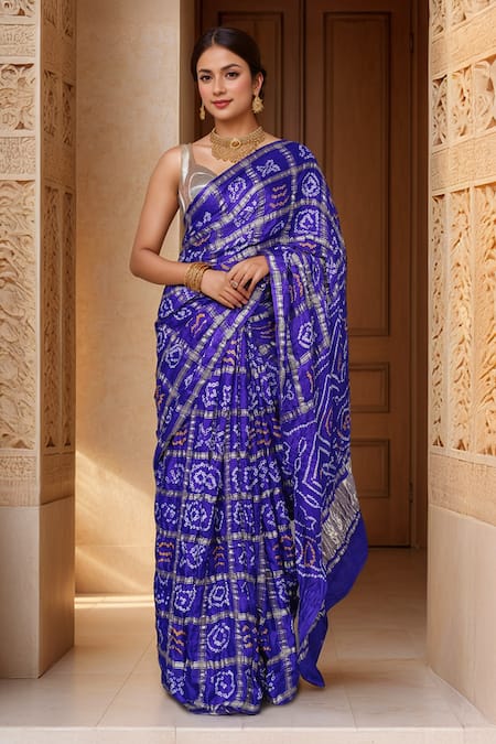 Shop_Samyukta Singhania_Blue Silk Bows, Zari Bandhani Gharchola Saree_Online_at_Aza_Fashions