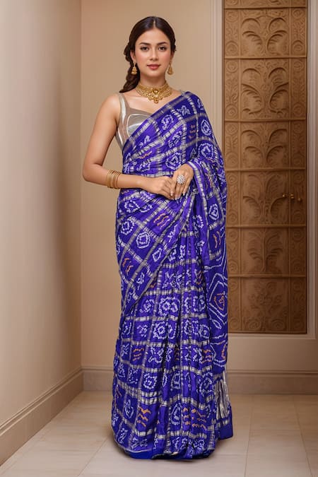 Samyukta Singhania_Blue Silk Bows, Zari Bandhani Gharchola Saree_at_Aza_Fashions