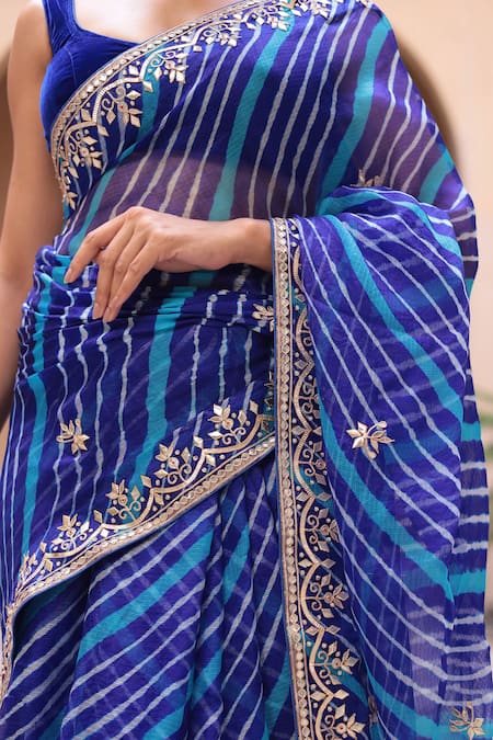 Samyukta Singhania_Blue Kota Doria Patti, Embroidery Leheriya Pattern Saree With Blouse Piece_Online_at_Aza_Fashions