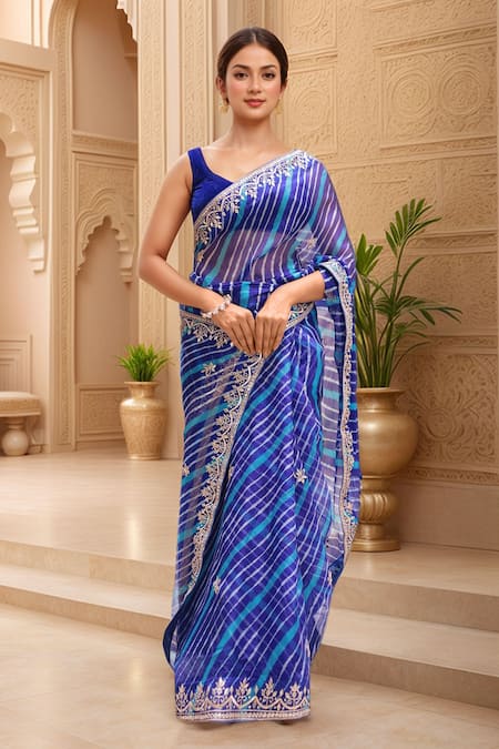 Buy_Samyukta Singhania_Blue Kota Doria Patti, Embroidery Leheriya Pattern Saree With Blouse Piece_Online_at_Aza_Fashions