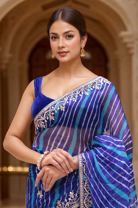 Shop_Samyukta Singhania_Blue Kota Doria Patti, Embroidery Leheriya Pattern Saree With Blouse Piece_Online_at_Aza_Fashions