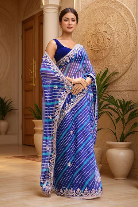 Samyukta Singhania_Blue Kota Doria Patti, Embroidery Leheriya Pattern Saree With Blouse Piece_at_Aza_Fashions
