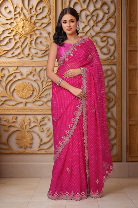 Buy_Samyukta Singhania_Pink Chiffon Cut Work, Gota Patti Embroidered Border Saree_Online_at_Aza_Fashions