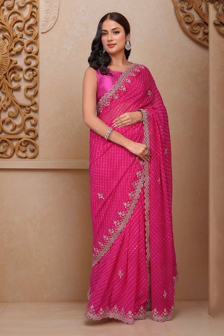 Shop_Samyukta Singhania_Pink Chiffon Cut Work, Gota Patti Embroidered Border Saree_Online_at_Aza_Fashions