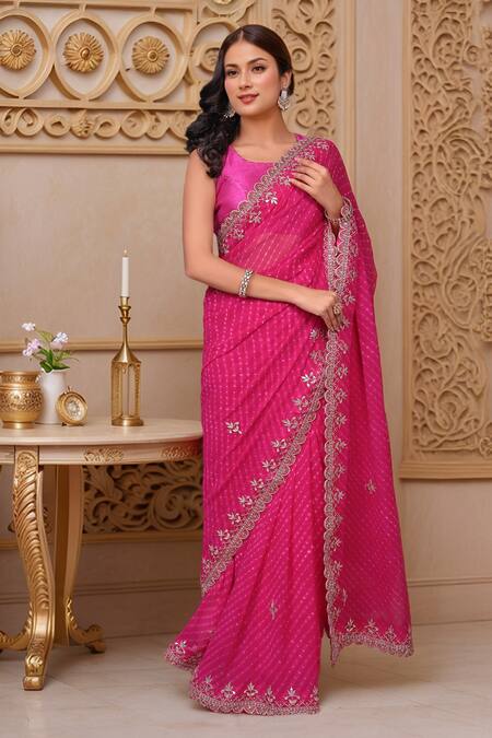Samyukta Singhania_Pink Chiffon Cut Work, Gota Patti Embroidered Border Saree_at_Aza_Fashions