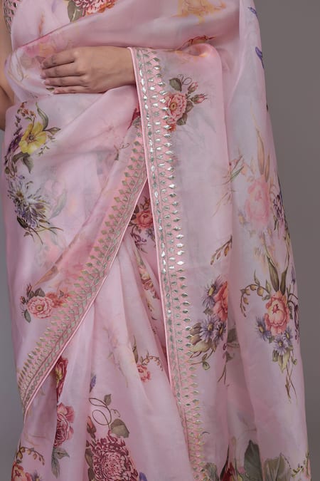 Samyukta Singhania_Pink Organza Gota Patti, Embroidery Floral Print Saree And Unstitched Blouse_Online_at_Aza_Fashions