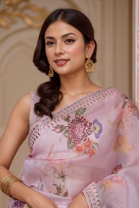 Samyukta Singhania_Pink Organza Gota Patti, Embroidery Floral Print Saree And Unstitched Blouse_at_Aza_Fashions