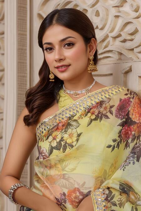 Samyukta Singhania Yellow Organza Gota Patti, Embroidery Floral Work Printed Saree And Blouse Piece at Aza Fashions Samyukta Singhania_Yellow Organza Gota Patti, Embroidery Floral Work Printed Saree And Blouse Piece_at_Aza_Fashions