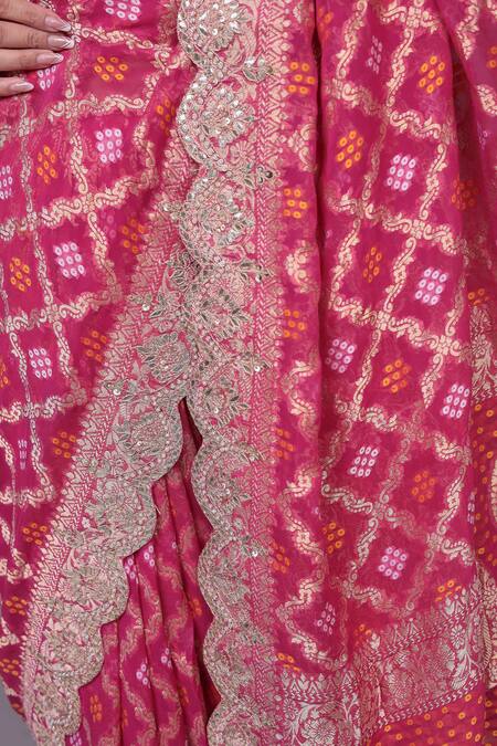 Samyukta Singhania_Pink Georgette Gota Patti, Zari Round Neck Bandhani Pattern Banarasi Saree_Online_at_Aza_Fashions
