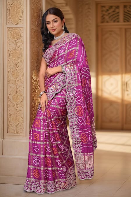 Shop Samyukta Singhania Purple Silk Gota Patti, Zari, Sequins Work Bandhani Gharchola Saree Online at Aza Fashions Shop_Samyukta Singhania_Purple Silk Gota Patti, Zari, Sequins Work Bandhani Gharchola Saree_Online_at_Aza_Fashions