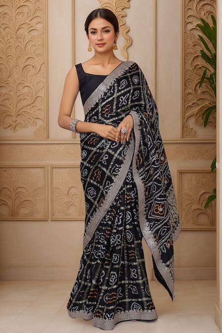 Shop_Samyukta Singhania_Black Silk Gota Patti, Embroidery Bandhani Checkered Gharchola Saree_Online_at_Aza_Fashions