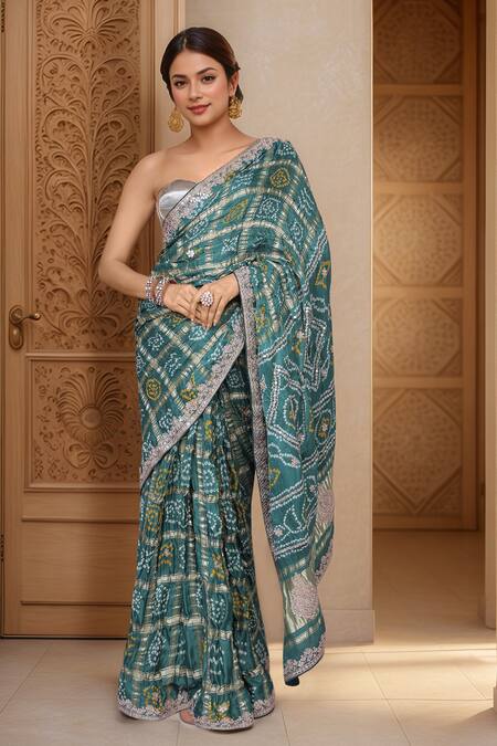 Samyukta Singhania Green Silk Gota Patti, Embroidery Round Neck Bandhani Work Gharchola Saree Online at Aza Fashions Samyukta Singhania_Green Silk Gota Patti, Embroidery Round Neck Bandhani Work Gharchola Saree_Online_at_Aza_Fashions