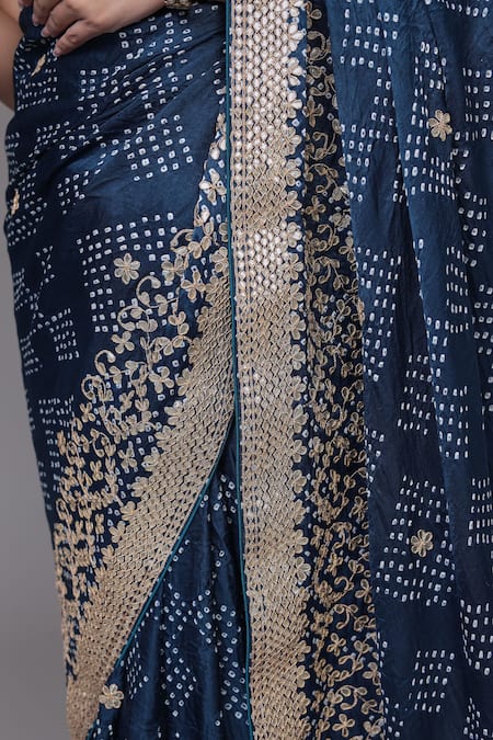 Buy_Samyukta Singhania_Blue Silk Gota Patti, Embroidery Geometric Bandhani Saree And Unstitched Blouse_Online_at_Aza_Fashions