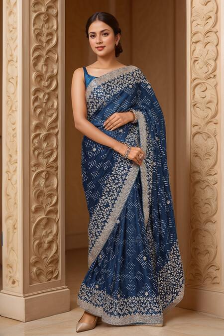 Samyukta Singhania_Blue Silk Gota Patti, Embroidery Geometric Bandhani Saree And Unstitched Blouse_at_Aza_Fashions