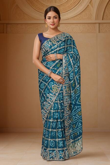 Buy_Samyukta Singhania_Blue Georgette Cut Work, Zari Round Neck Zardozi Embroidered Gharchola Saree Set_Online_at_Aza_Fashions