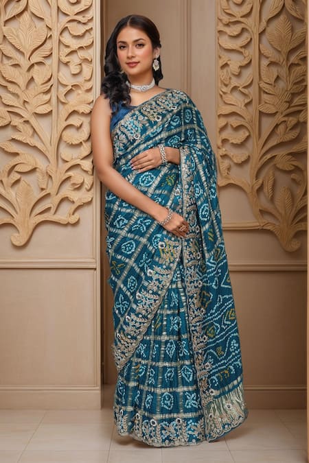 Shop_Samyukta Singhania_Blue Georgette Cut Work, Zari Round Neck Zardozi Embroidered Gharchola Saree Set_Online_at_Aza_Fashions