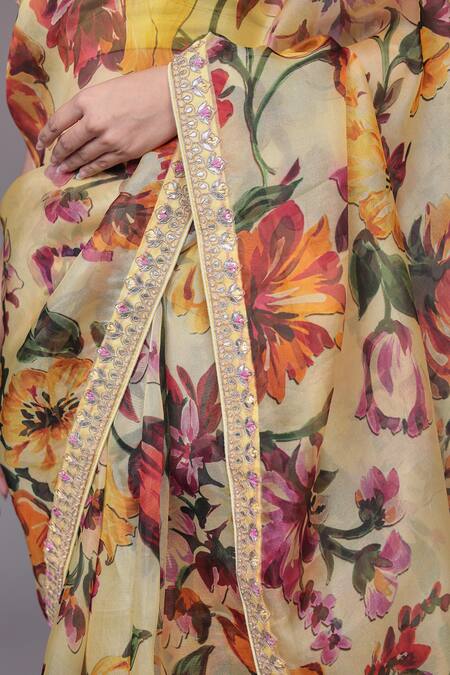Buy_Samyukta Singhania_Yellow Organza Gota Patti, Embroidery Floral Printed Saree With Blouse Piece_Online_at_Aza_Fashions