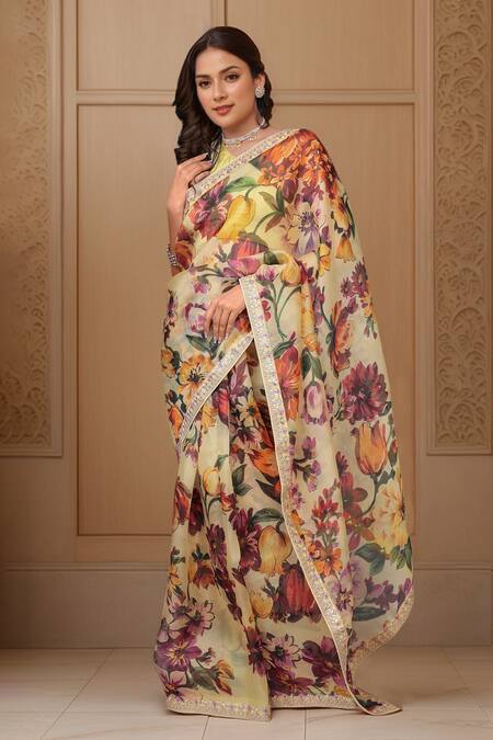 Shop_Samyukta Singhania_Yellow Organza Gota Patti, Embroidery Floral Printed Saree With Blouse Piece_Online_at_Aza_Fashions