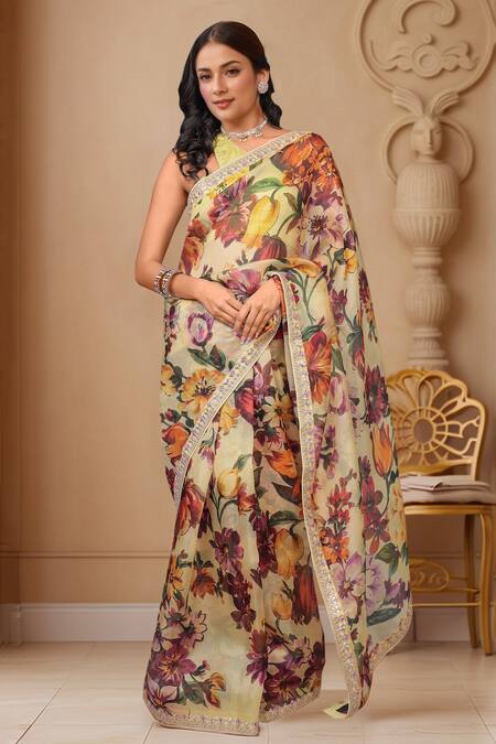 Samyukta Singhania_Yellow Organza Gota Patti, Embroidery Floral Printed Saree With Blouse Piece_at_Aza_Fashions