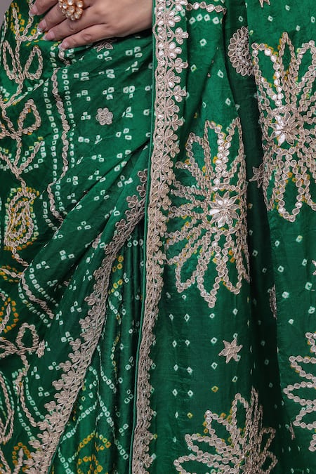 Buy_Samyukta Singhania_Green Silk Gota Patti Floral Work Saree And Unstitched Blouse Piece_Online_at_Aza_Fashions