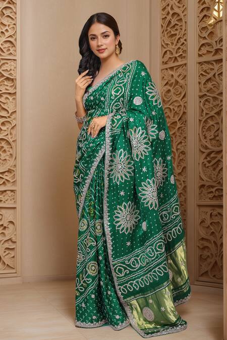 Shop_Samyukta Singhania_Green Silk Gota Patti Floral Work Saree And Unstitched Blouse Piece_Online_at_Aza_Fashions